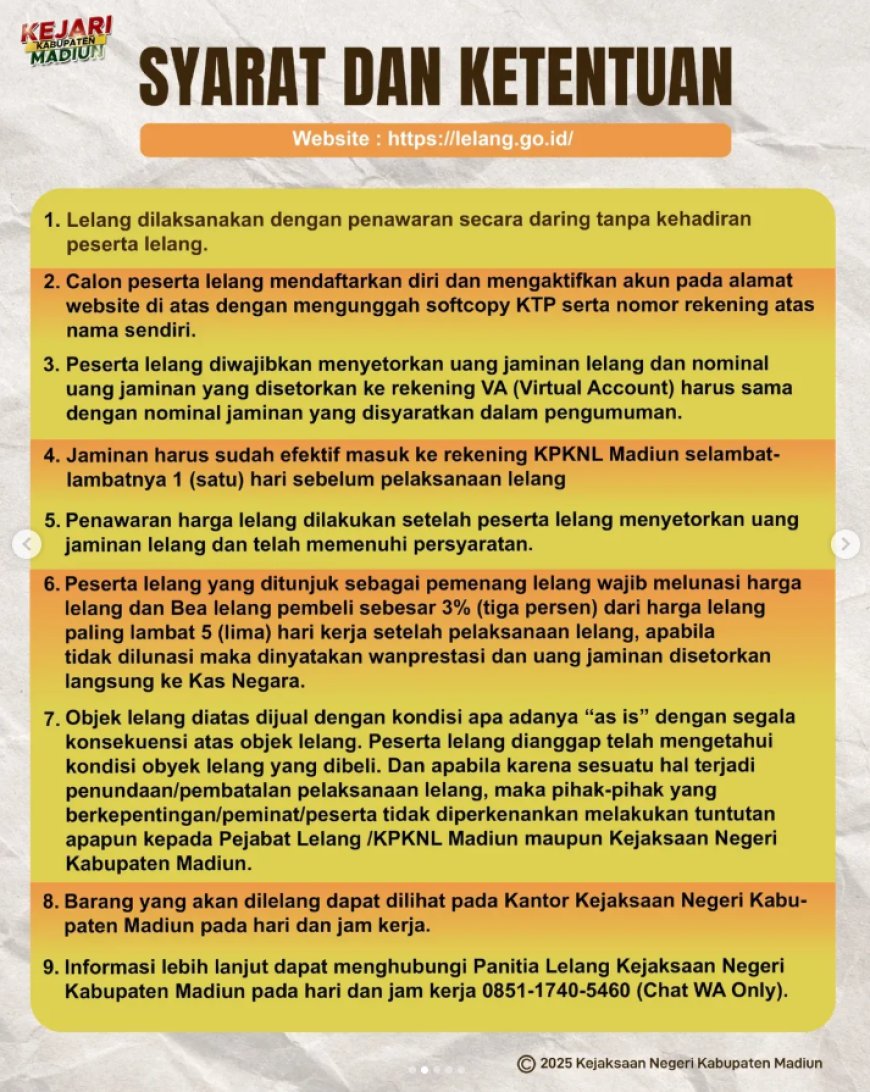 Ikuti Lelang Barang Rampasan Negara! Kejaksaan Negeri Kabupaten Madiun