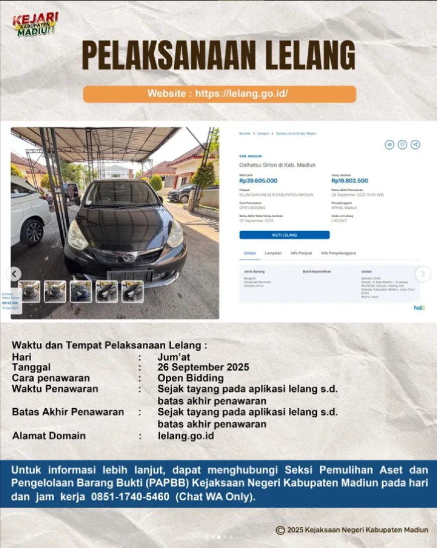 Ikuti Lelang Barang Rampasan Negara! Kejaksaan Negeri Kabupaten Madiun