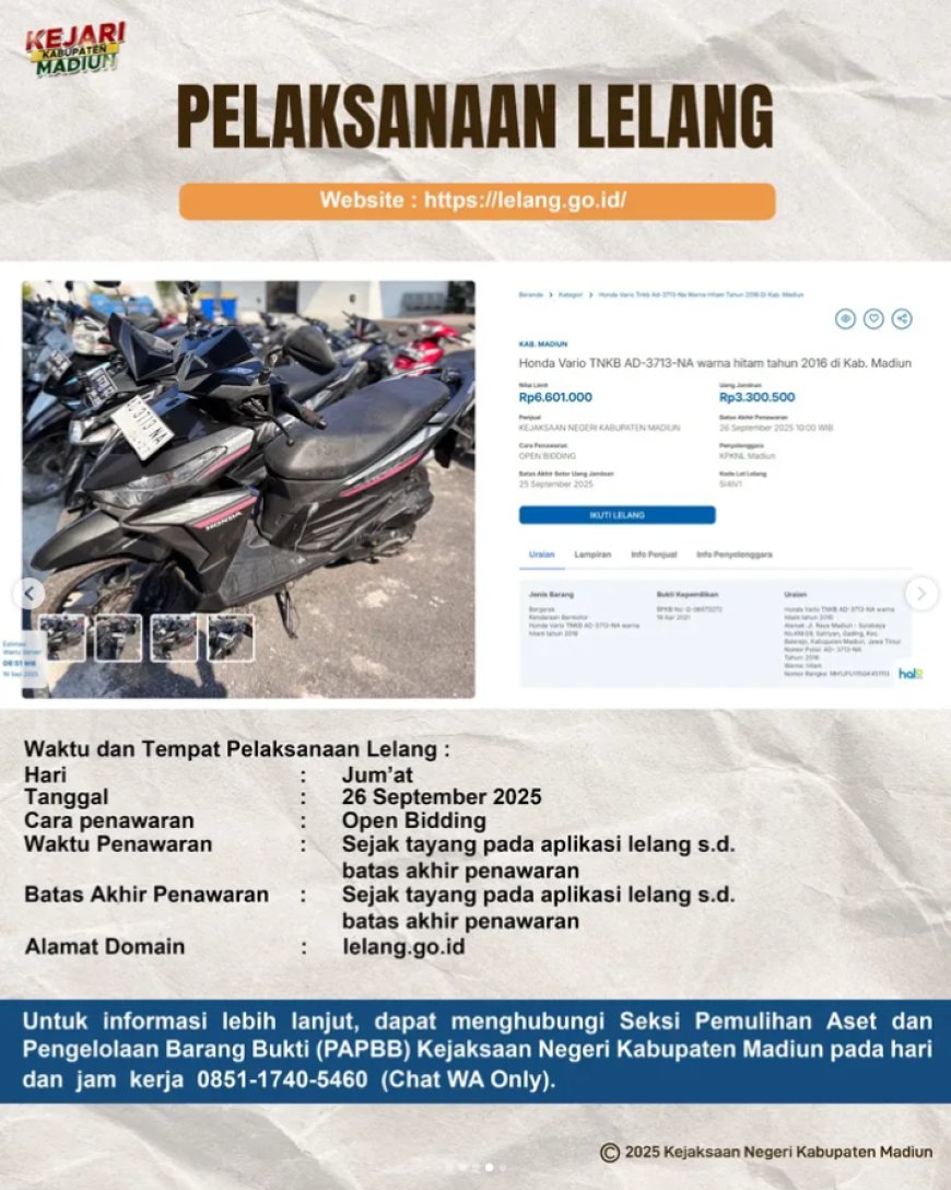 Ikuti Lelang Barang Rampasan Negara! Kejaksaan Negeri Kabupaten Madiun