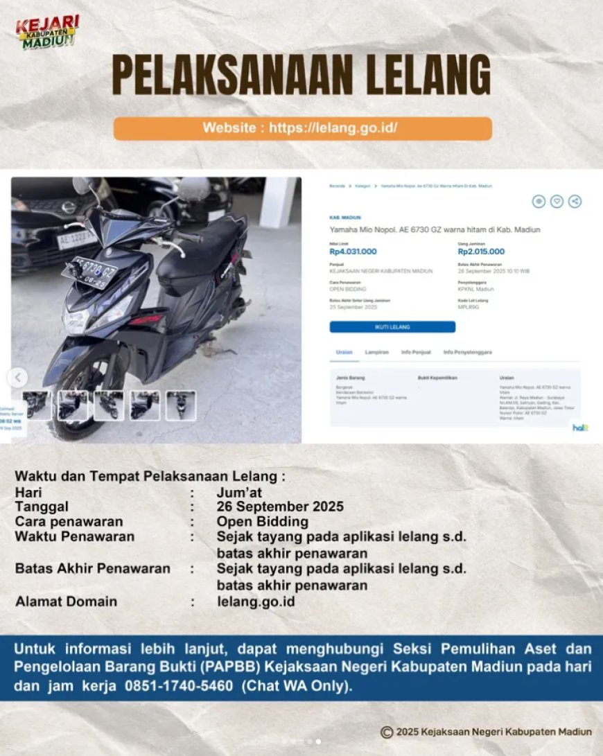 Ikuti Lelang Barang Rampasan Negara! Kejaksaan Negeri Kabupaten Madiun