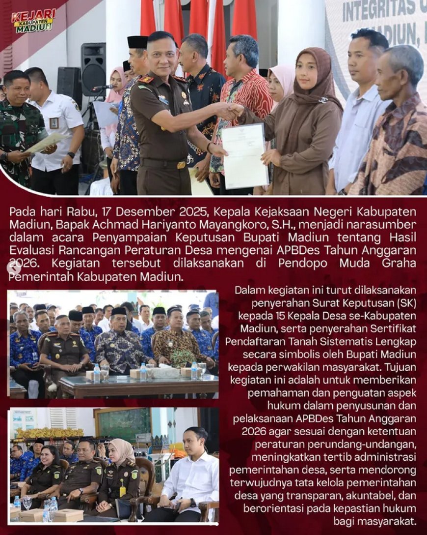 Penyampaian Keputusan Bupati Madiun tentang Hasil Evaluasi Rancangan Peraturan Desa mengenai APBDes Tahun Anggaran 2026.