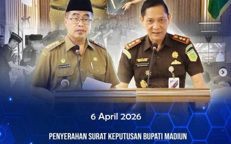 PENYERAHAN SURAT KEPUTUSAN BUPATI MADIUN KEPADA KEPALA KEJAKSAAN NEGERI KABUPATEN MADIUN TENTANG PROYEK PEMBANGUNAN INFRASTRUKTUR STRATEGIS KABUPATEN MADIUN TAHUN ANGGARAN 2026
