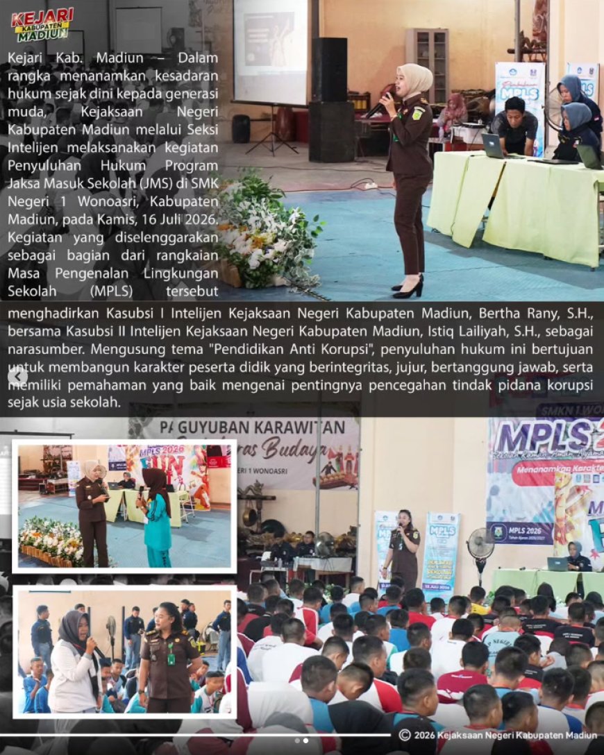 Kejaksaan Negeri Kabupaten Madiun Melaksanakan Penyuluhan Hukum Program Jaksa Masuk Sekolah (JMS) di SMK Negeri 1 Wonoasri