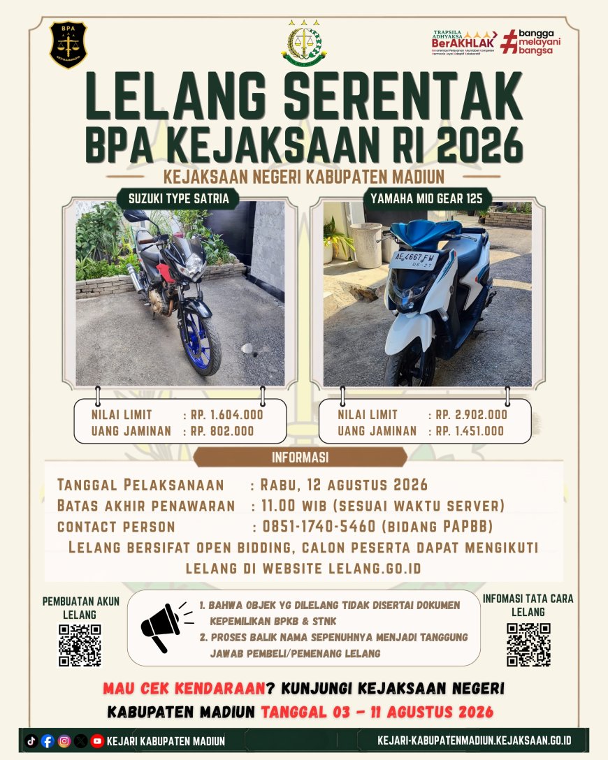 Lelang Serentak Barang Rampasan Negara Kejaksaan Negeri Kabupaten Madiun