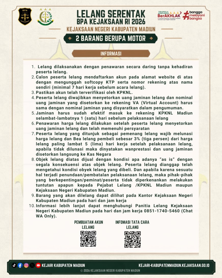 Lelang Serentak Barang Rampasan Negara Kejaksaan Negeri Kabupaten Madiun